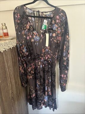 lovestitch Black Floral V-Neck Ruffle Mini Dress